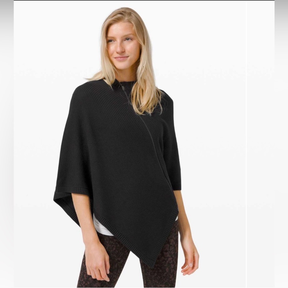Lululemon NEW OnThe Go Poncho Merino Wool Black Knit Sweater Scarf Soft Cozy Zip